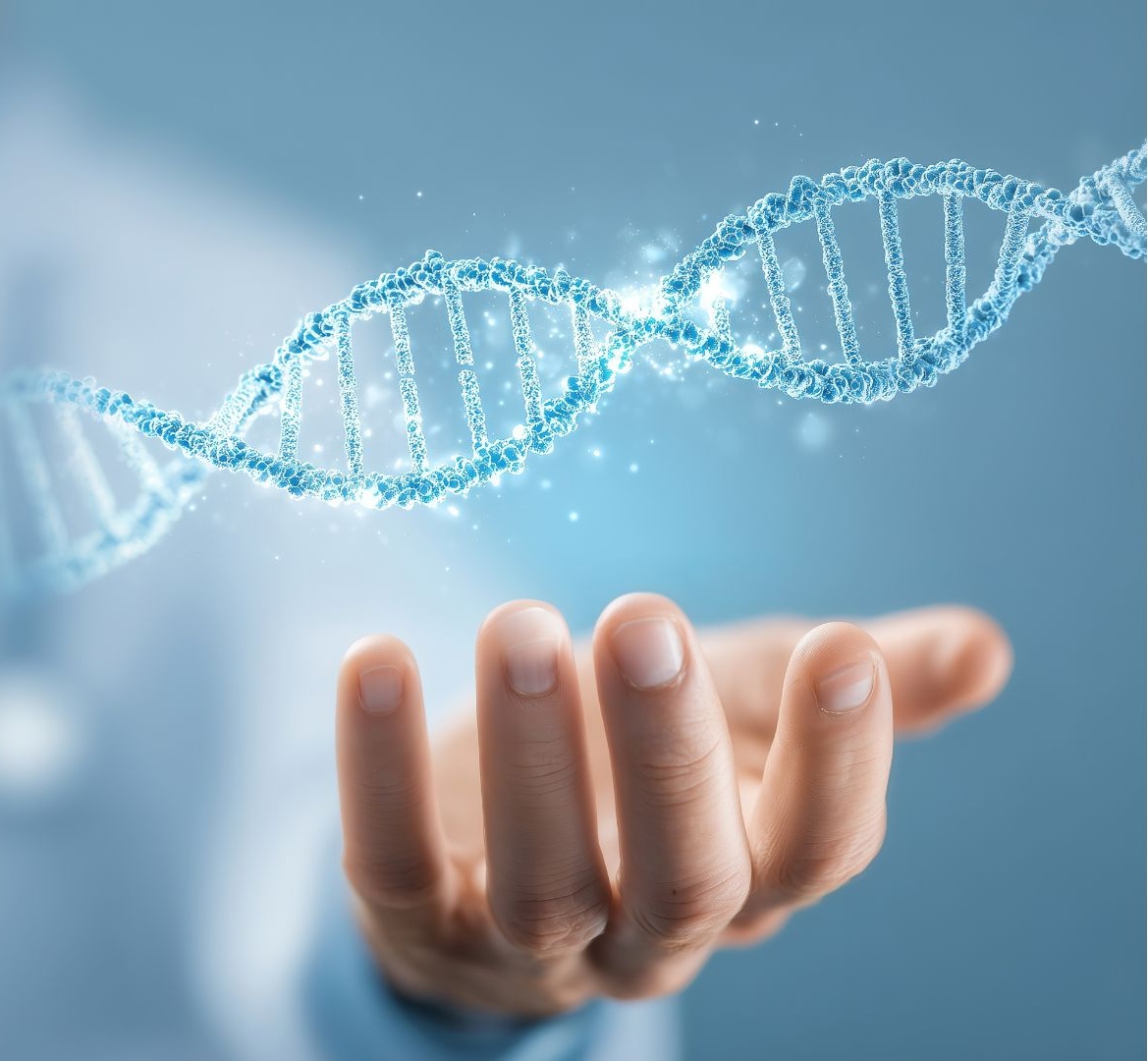 Doble hélice de ADN representada sobre una mano en un entorno de laboratorio genético